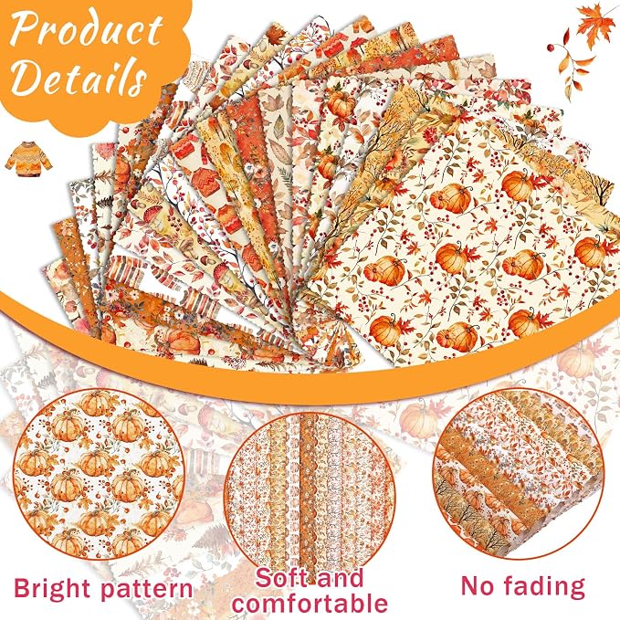 Ganeen 60 Pcs 10 x 10 Inch Fall Quilting Fabric Squares Thanksgiving Fat - Image 6