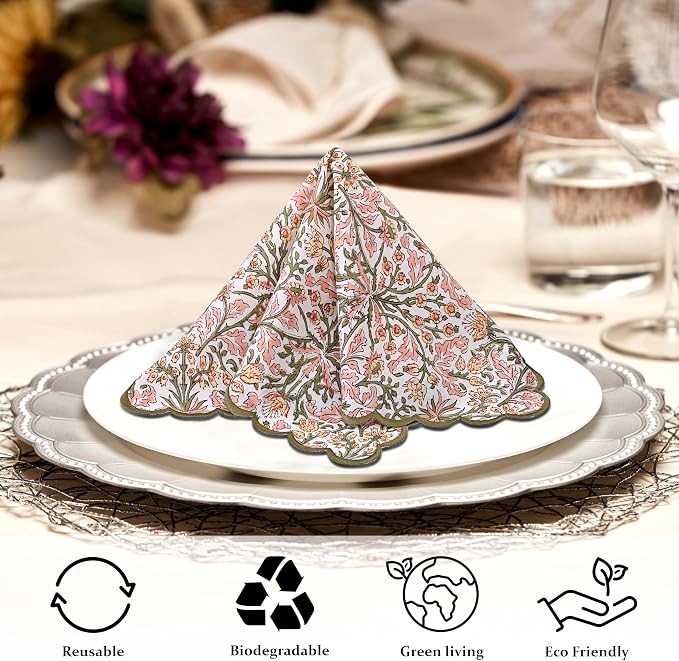 Ridhi Sassy Salmon Pink Hand Block Print Napkins 18" x 18" Set of 4 Reusable - Image 5