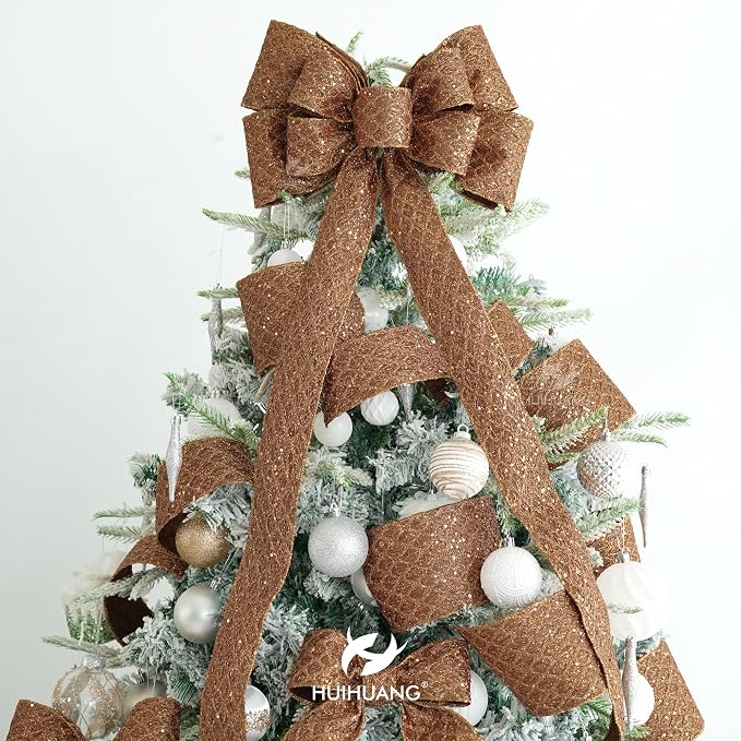 HUIHUANG Copper Wired Ribbon 4 inch Glitter Christmas Wired Ribbon Diamond Mesh - Image 5