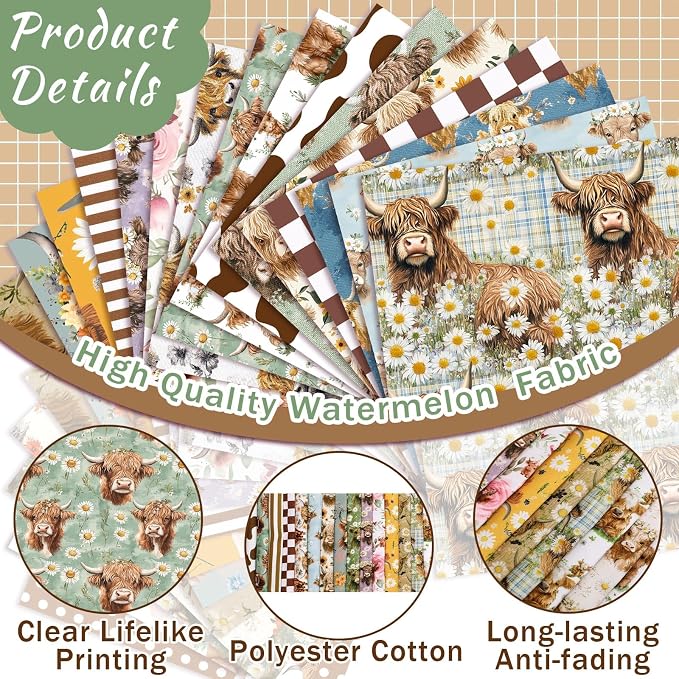 Ganeen 60 Pcs 10 x 10 Inch Highland Cow Quilting Fabric Squares Vintage - Image 5