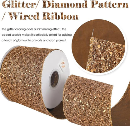 HUIHUANG Copper Wired Ribbon 4 inch Glitter Christmas Wired Ribbon Diamond Mesh - Image 2