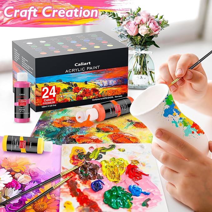 Caliart Acrylic Paint Set With 12 Brushes, 24 Colors Art Craft Paints - Image 5