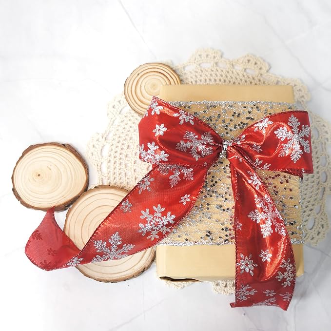 CT CRAFT LLC Red Metallic with Silver Glitter Snowflake Wired Ribbon 2.5 Inch x - Image 5