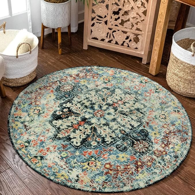 Lahome Bohemian Floral Medallion Round Rug - 3Ft Small Bedroom Round Area Rug - Image 4