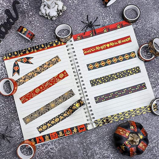 Whaline 12 Rolls Halloween Washi Tapes Red Black Foil Gold Decorative Tapes - Image 4