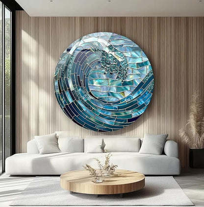 My Photostation.com 15.8'' Diameter Ocean Wave in Blue Mosaic Round Glass Wall - Image 5