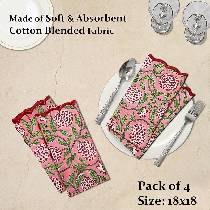 Ridhi Strawberry Pink Hand Block Print Napkins 18" x 18" Set of 4 Reusable - Image 4