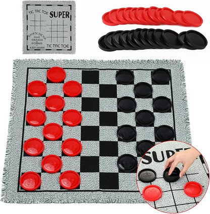 Giant Checkers Board Game Set, 3 in 1 Tic Tac Toe Board Draughts Reversible Rug by Chdousha