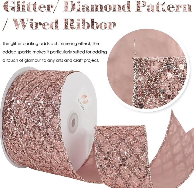 HUIHUANG Rose Gold Glitter Wired Ribbon - Image 2