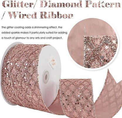 HUIHUANG Rose Gold Glitter Wired Ribbon - Image 2