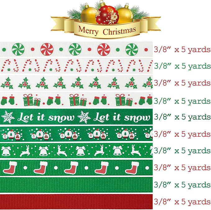 MEEDEE 3/8 inch 100 Yards Assorted Christmas Ribbon - Image 2