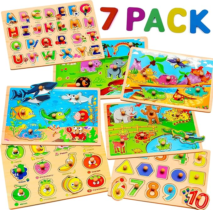 7 Pack Wooden Puzzles for Toddlers 2 3 4 5 Years Old by WOOODLIFY