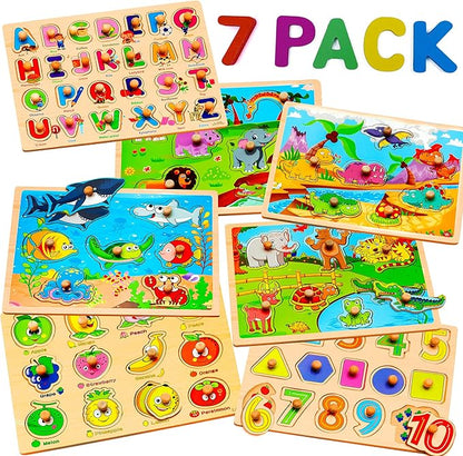 7 Pack Wooden Puzzles for Toddlers 2 3 4 5 Years Old by WOOODLIFY