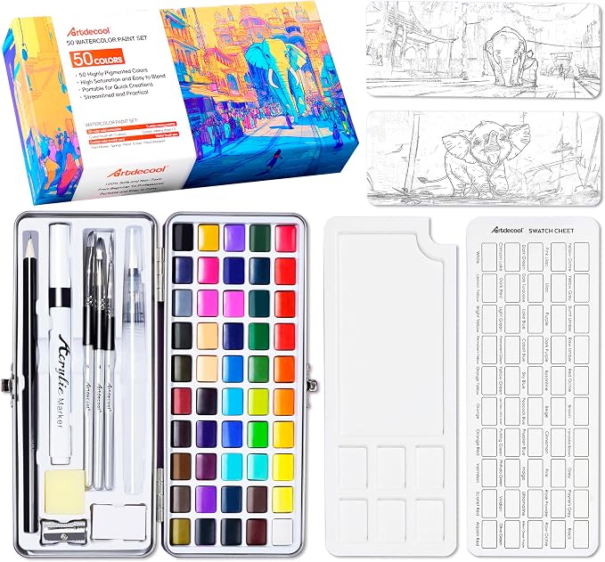 Watercolor Paint Set, 50 Colors, 4 Brushes, 3 Swatch Cards, Acrylic Marker Pen by Artdecool