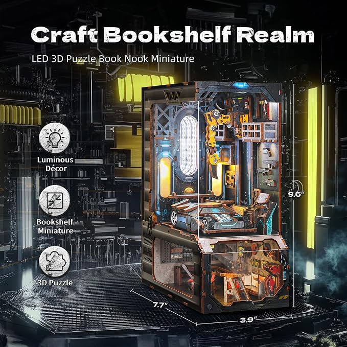 3D Wood Puzzle Book Nook Kit, Automobile Workshop Miniature Bookshelf Insert - Image 2