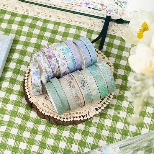 YUBX Spring Washi Tape Set 16 Rolls Flowers Printed Embellishment Green - Image 3