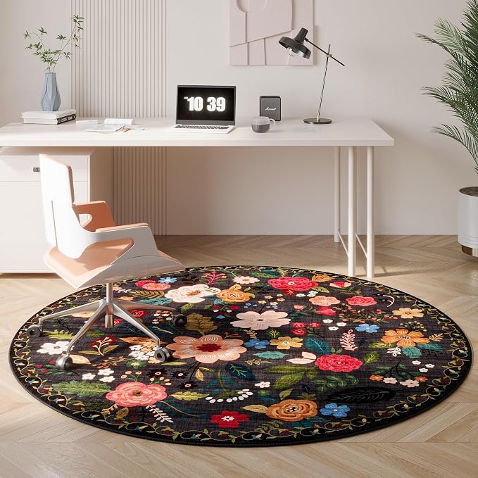 Rugcomf Round Rug 4ft Washable Circle Rug Non Slip Low Pile Boho Floral Small - Image 5