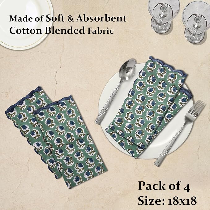 Ridhi Basil GreenHand Block Print Napkins 18" x 18" Set of 4 Reusable Cotton - Image 4