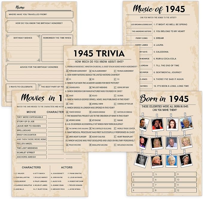 80th Birthday Party Games, Born in 1945 Games Bundle, Birthday Party Supplies by QUPT