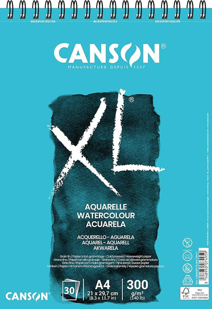 CANSON XL Watercolour 300gsm A4 Paper, Cold Pressed, Spiral Pad Short Side by Canson