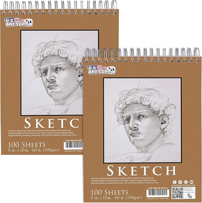 U.S. Art Supply 8"x10" Top Spiral Bound Sketch Book, 2 Pack, 100 Sheets Each by USArtSupply