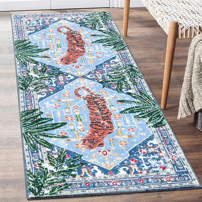 Oriental Tropical Kitchen Runner Rug 2x5 Washable, Thin Stain Resistant Blue by Aldopein
