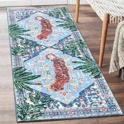 Oriental Tropical Kitchen Runner Rug 2x5 Washable, Thin Stain Resistant Blue by Aldopein