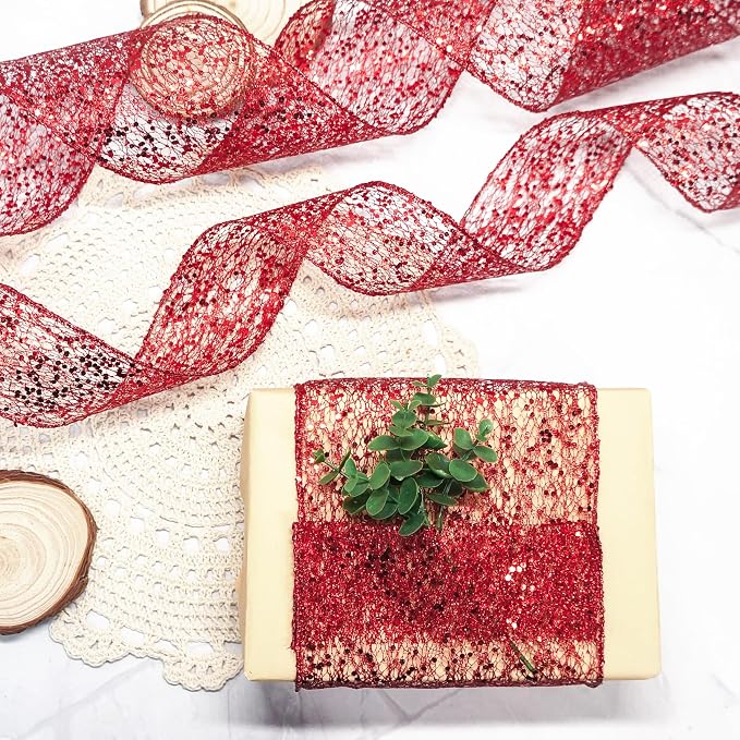 CT CRAFT LLC Sparkling Glitter Mesh Wired Ribbon 2.5" x 20 Yards Red - Image 5