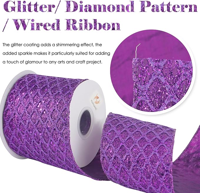 HUIHUANG Purple Wired Christmas Ribbon 4 inch Purple Glitter Wired Ribbon - Image 2