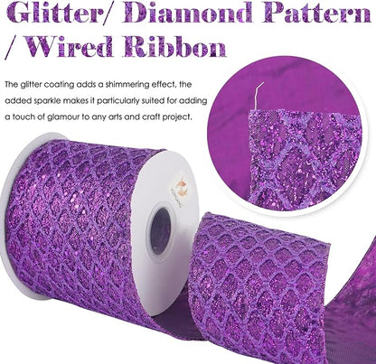 HUIHUANG Purple Wired Christmas Ribbon 4 inch Purple Glitter Wired Ribbon - Image 2