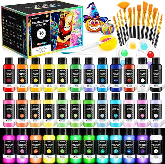 52 PCS Classic & Pastel & Glow in the Dark Acrylic Paint Set by POPYOLA
