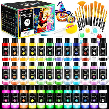 52 PCS Classic & Pastel & Glow in the Dark Acrylic Paint Set by POPYOLA