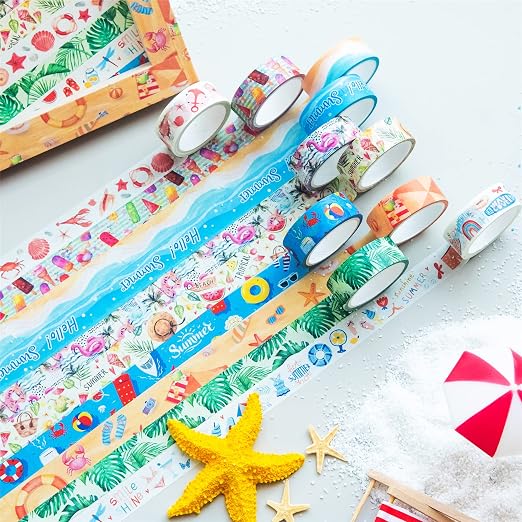 YUBBAEX 10 Rolls Four Seasons Washi Tape Set Beach Ice Cream Masking Decorative - Image 7