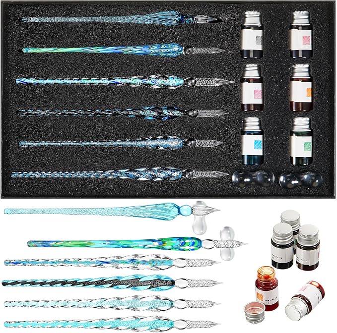 Zonon Glass Dipped Pen Ink Set 14 Pcs Include 6 Pcs Glass Dip Pen, 6 Colorful by Zonon