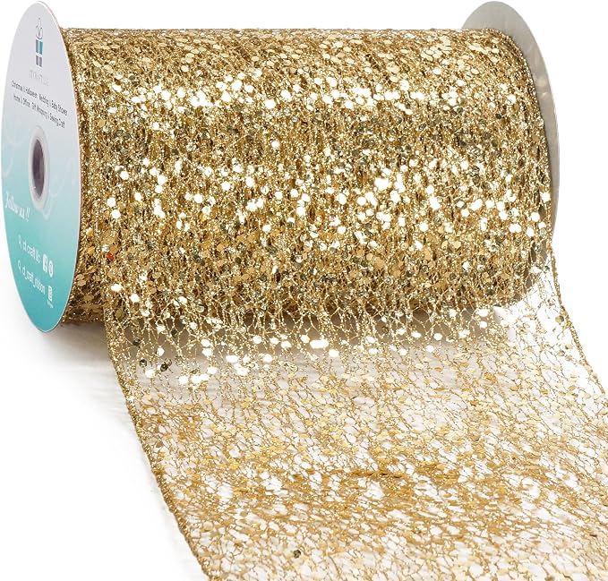 CT CRAFT LLC Sparkling Glitter Mesh Wired Ribbon 6" x 10 Yards Gold by CTCRAFTLLC