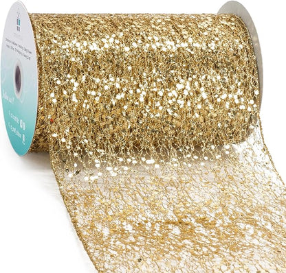 CT CRAFT LLC Sparkling Glitter Mesh Wired Ribbon 6" x 10 Yards Gold by CTCRAFTLLC