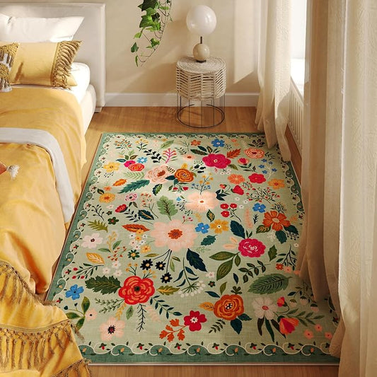 Rugcomf Bedroom Rug 3x5 Rug Washable Area Rug Non Slip Low Pile Boho Floral by Rugcomf