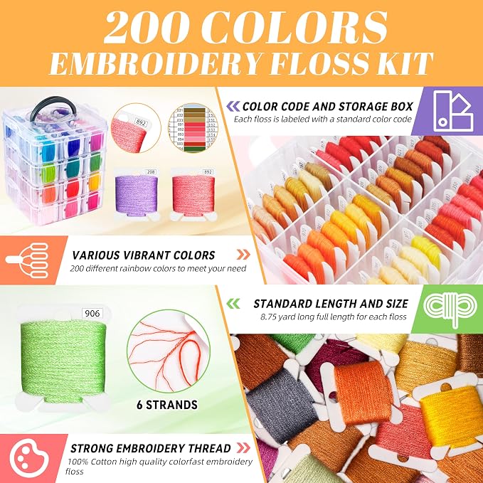 262 Pack Embroidery Thread Floss Kit Including 200 Colors 8 M/Pcs Cross Stitch - Image 3