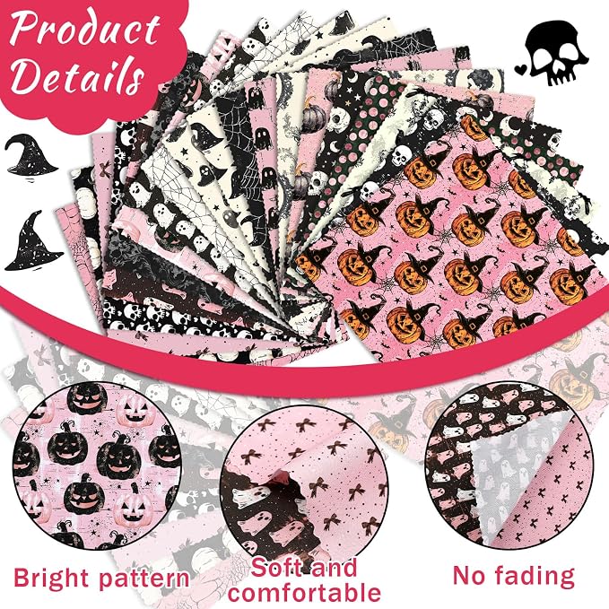 Ganeen 60 Pcs 10 x 10 Inch Pink Halloween Quilting Fabric Squares Vintage Pink - Image 5