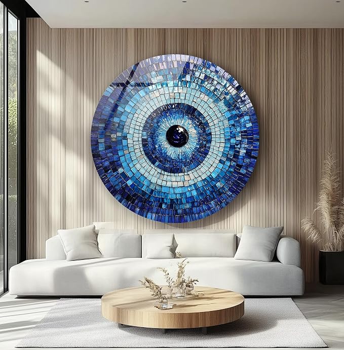 My Photostation.com 10'' Diameter Blue Mosaic Evil Eye Round Glass Wall Art - Image 2