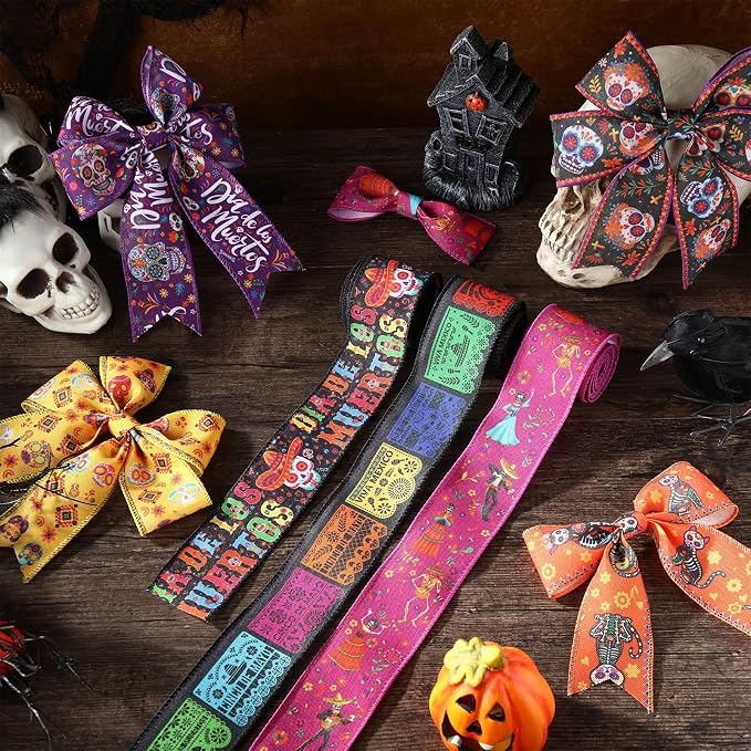 12 Rolls 60 Yards Day of The Dead Wired Edge Ribbons Black Purple Sugar Skull - Image 3