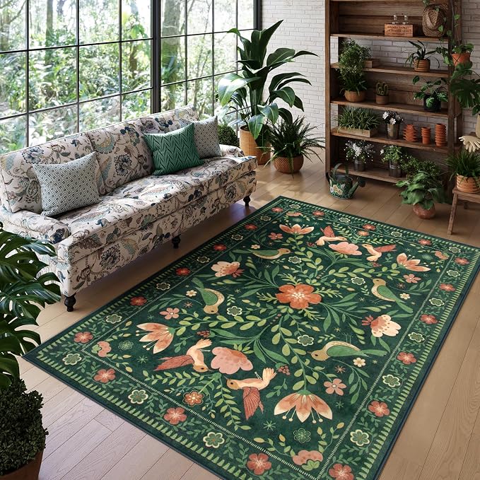 Morebes Washable Floral 5x7 Green Area Rug by Morebes