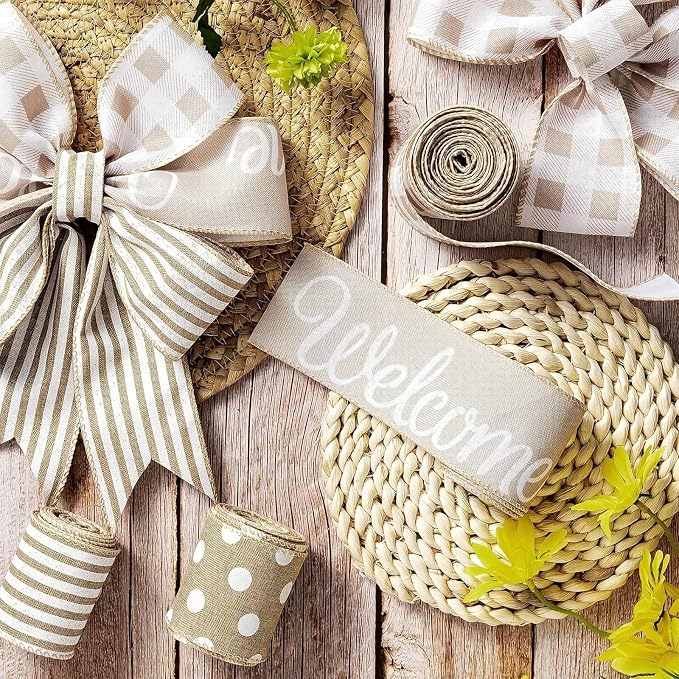 Burlap Ribbon Wired, Farmhouse Rustic White Stripe Ribbon - Image 6