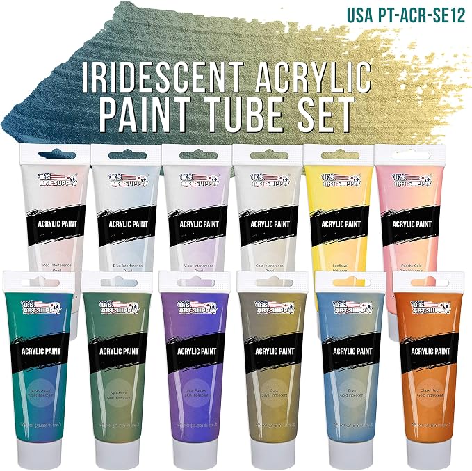 U.S. Art Supply 12-Color Iridescent Acrylic Paint Set Large 75ml Tubes - Image 2