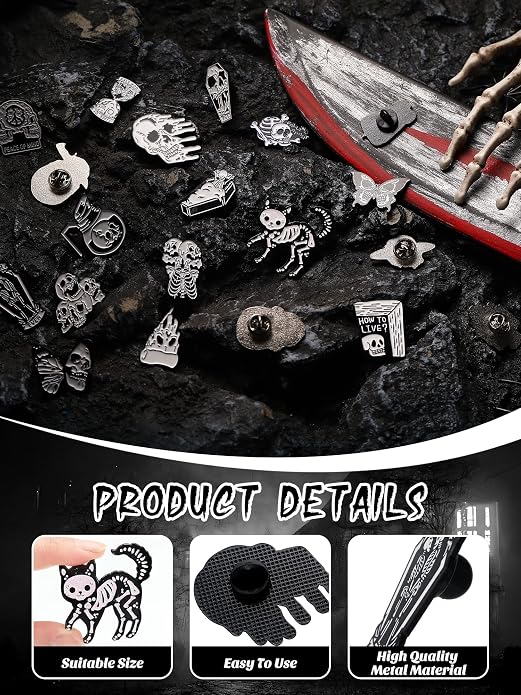 BBTO 20 Pieces Enamel Pins Skull Spooky Skeleton Enamel Pins Set Black - Image 2
