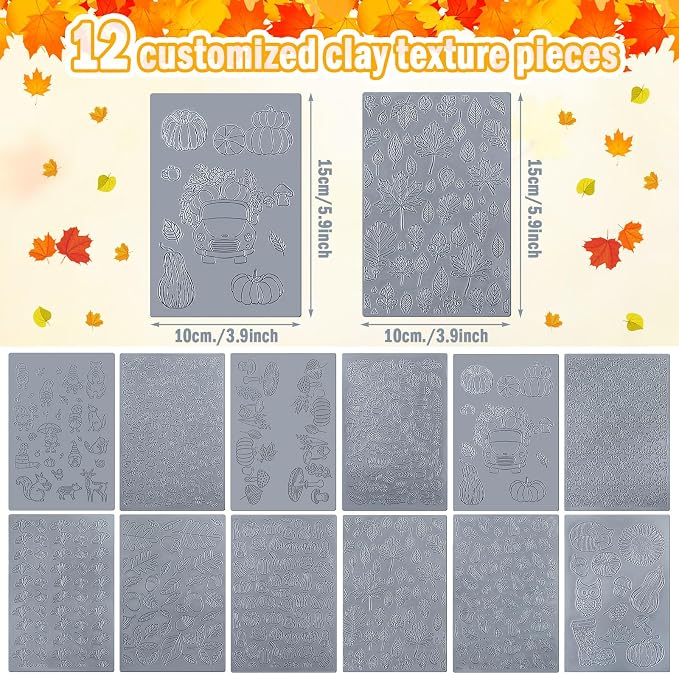 12 Pcs Fall Polymer Clay Texture Sheets Set, Maple Leaves, Pumpkin Miniature - Image 2