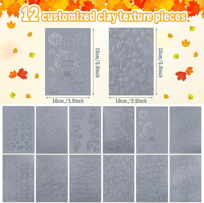12 Pcs Fall Polymer Clay Texture Sheets Set, Maple Leaves, Pumpkin Miniature - Image 2