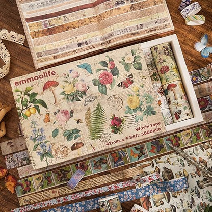 42 Rolls Vintage Washi Tape Set, Floral Letter Butterfly Mushroom Botanical - Image 3