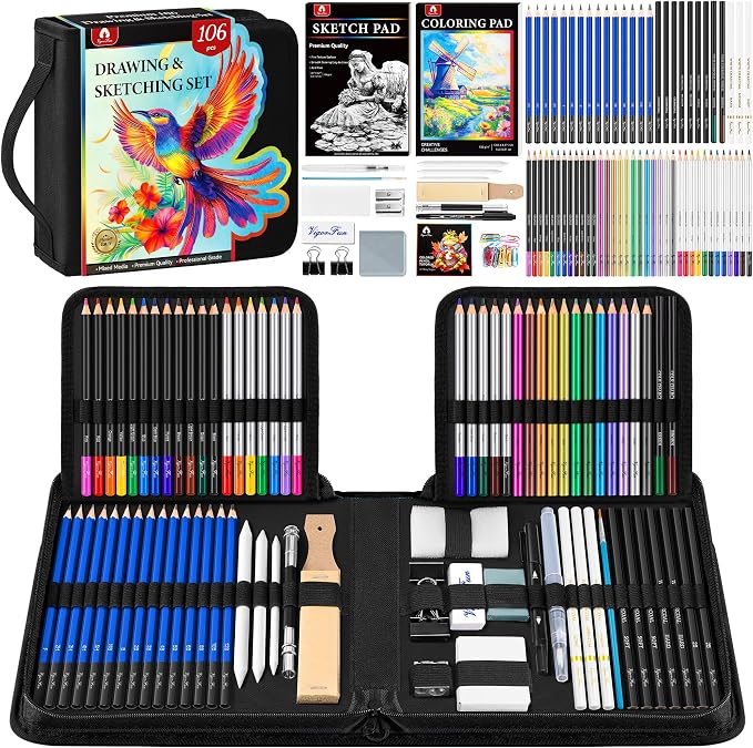 106 PCS Art Supplies Sketching Kit, Pro Drawing Pencils by Vigorfun