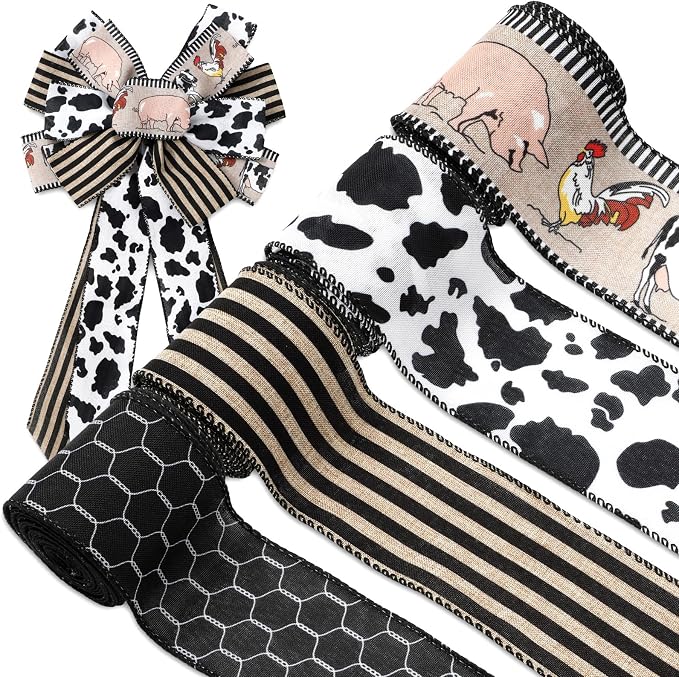 Farmhouse Animal Wired Edge Ribbons Cow Chick Pig Stripe Chicken Wire by JarThenaAMCS